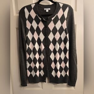 Croft and Barrow Pink. White and Gray Argyle Cardigan Sweater, size XS